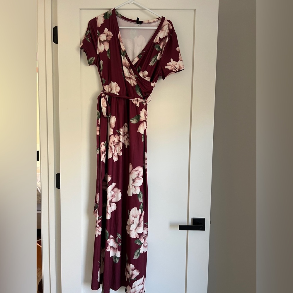 KRANDA Floral Wrap Dress in Burgundy and White